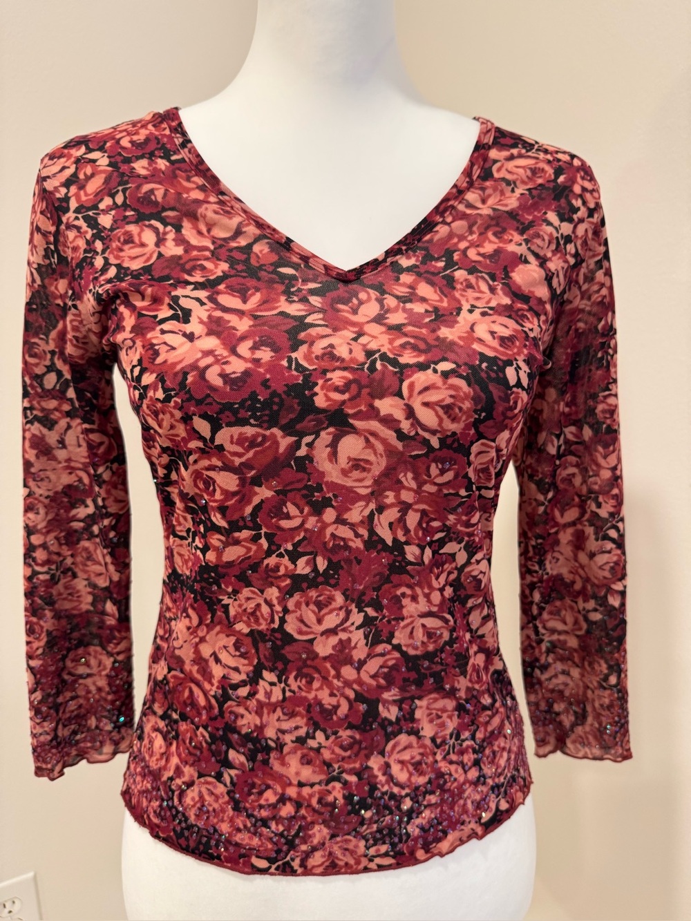 Express Vintage Floral Rose Print V‑Neck Long Sleeve Top Y2K Fairy Whimsigoth M
